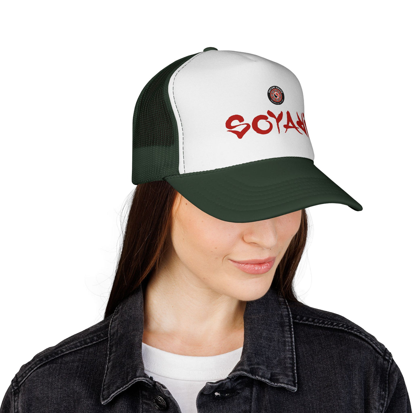 Soyari Red Script Retro Trucker Cap — Mesh Hat
