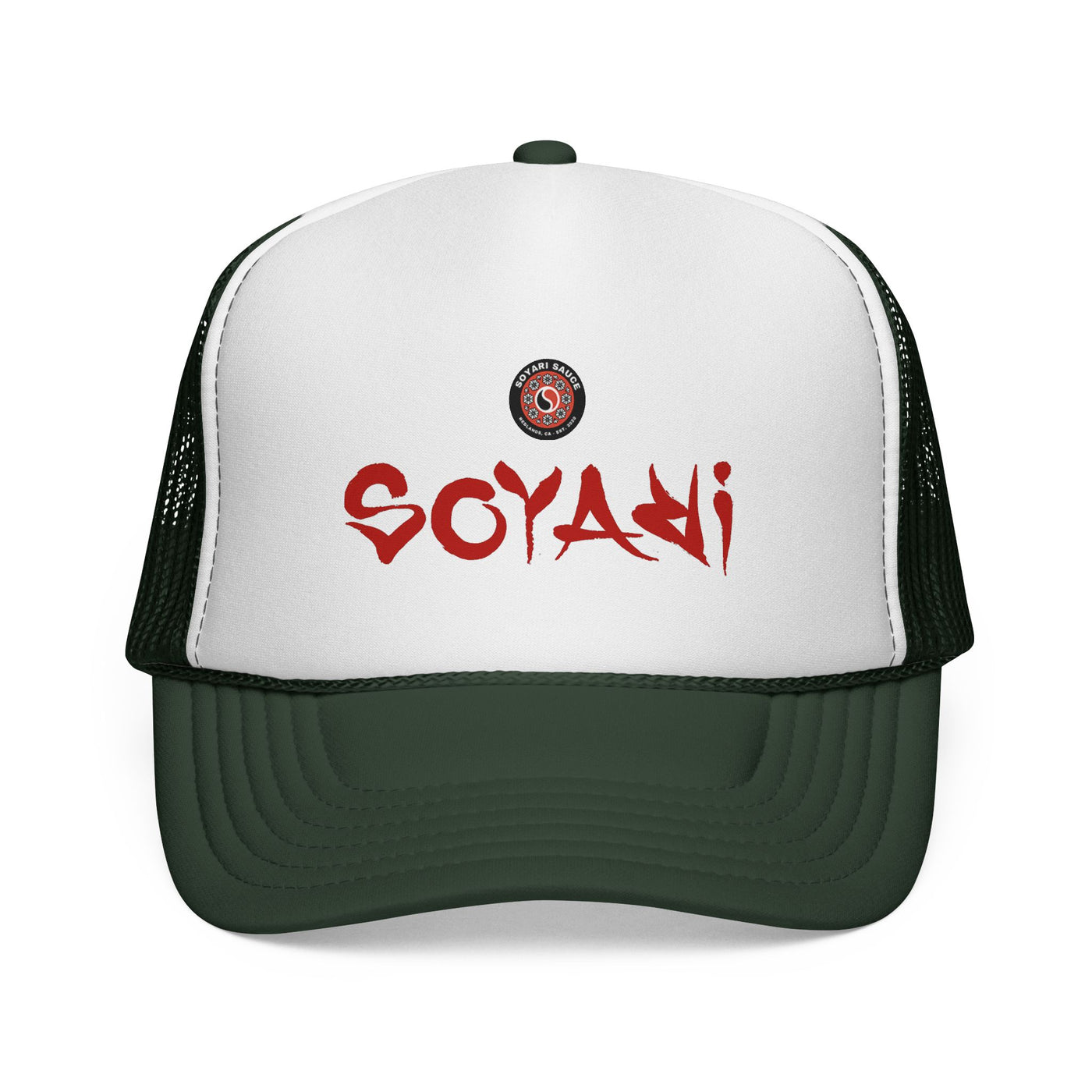 Soyari Red Script Retro Trucker Cap — Mesh Hat