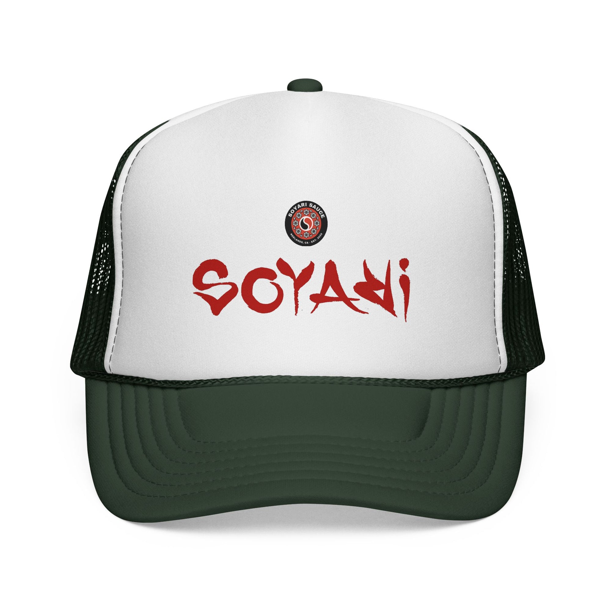 Soyari Red Script Retro Trucker Cap — Mesh Hat