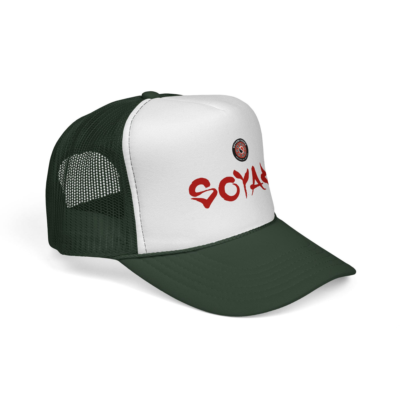 Soyari Red Script Retro Trucker Cap — Mesh Hat